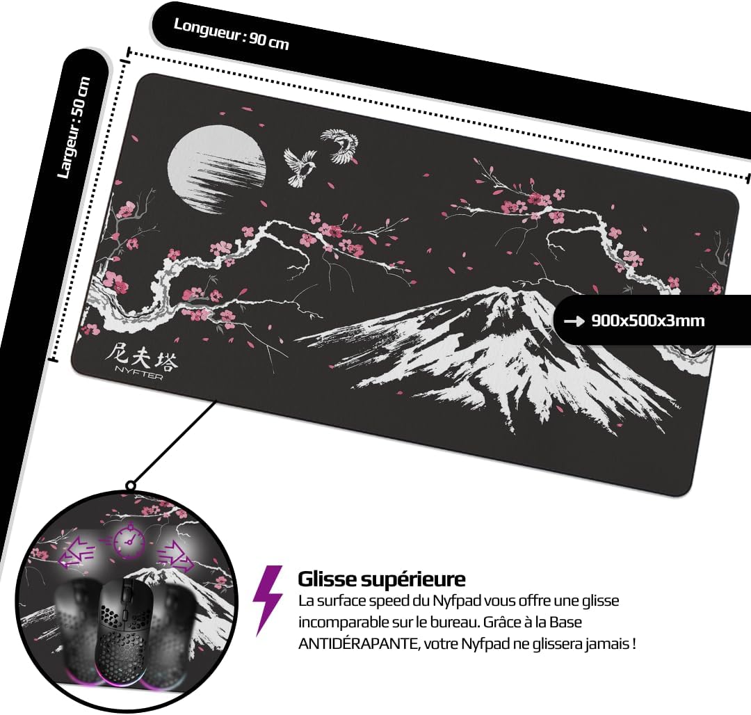 Nyfter - XXL Gaming Mauspad Sakura Weiss 900 x 500mm Premium Fuji Mousepad Size Gross vernähte Kante