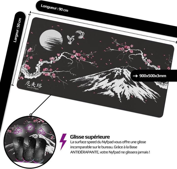 Nyfter - XXL Gaming Mauspad Sakura Weiss 900 x 500mm Premium Fuji Mousepad Size Gross vernähte Kante