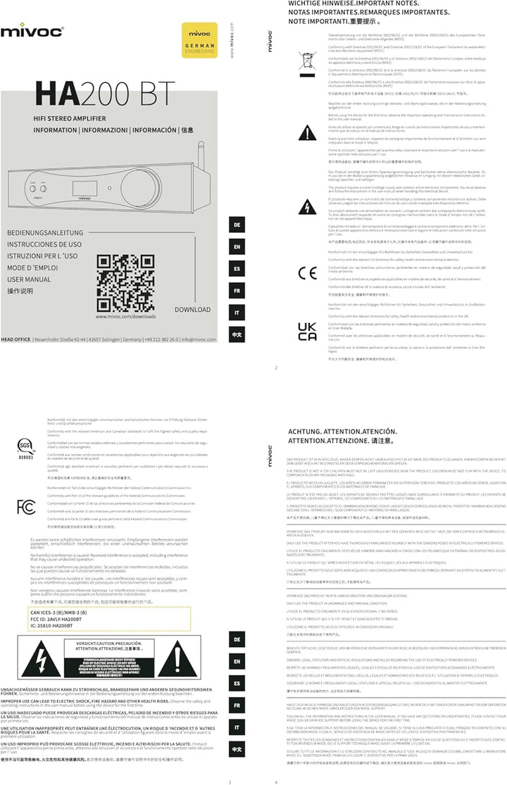 HA200 BT HiFi Verstärker, Stereo Verstärker, 2x100W, Bluetooth, optischer Eingang, Subwoofer Ausgang