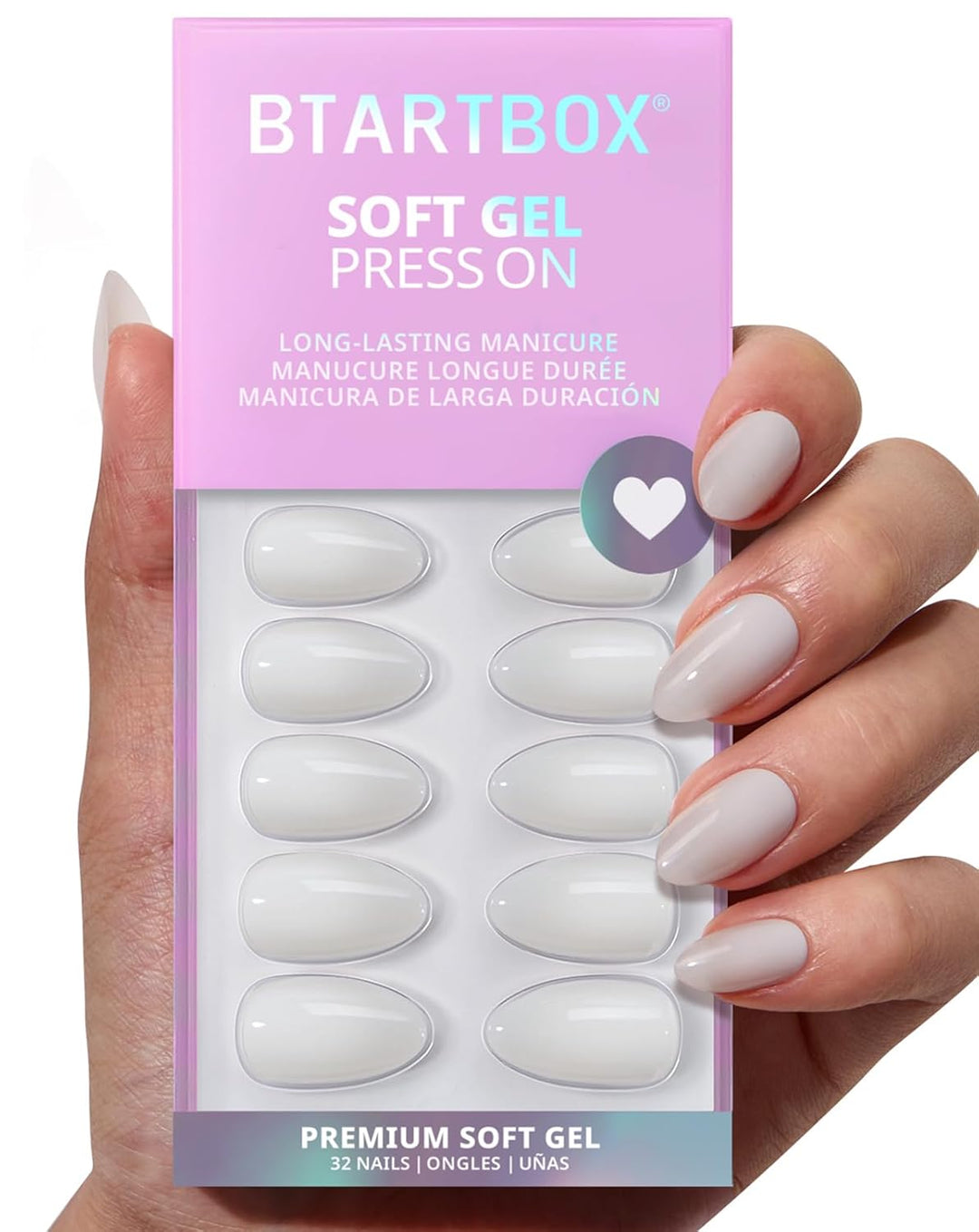 BTArtbox Almond Press on Nails Kurz White Glossy Fake Nägel Short Sheer Einfarbig künstliche Falsche