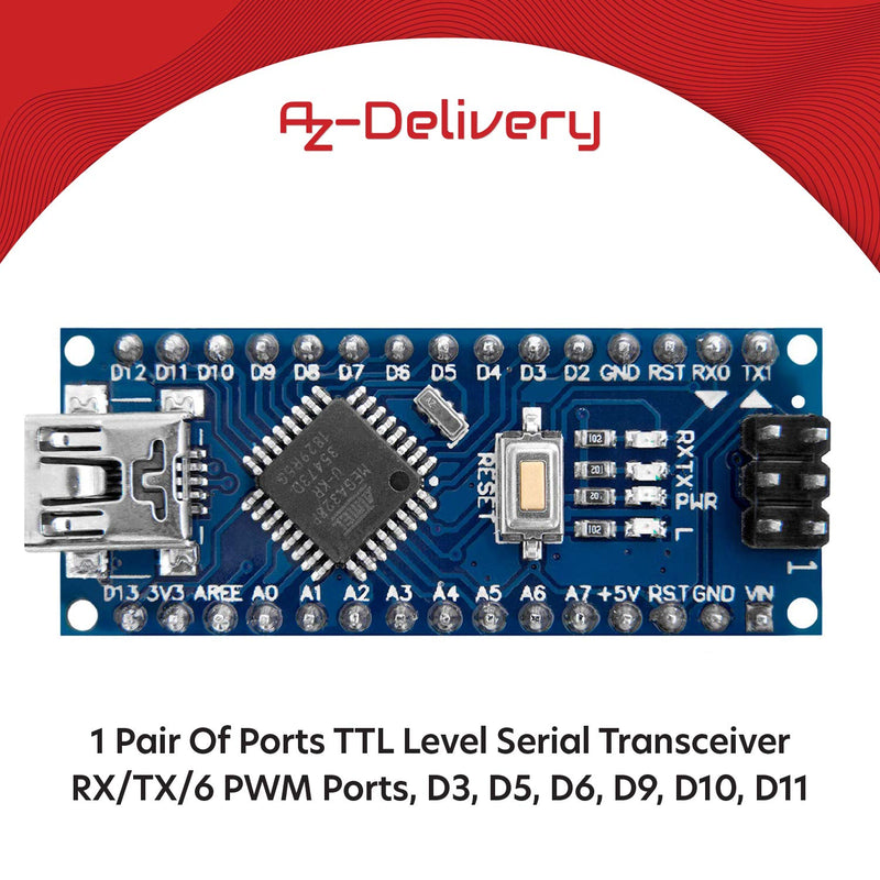 AZDelivery 5 x AZ-Nano V3-Board mit Atmega328 CH340 Chip und ATmega328 fertig verlötete, verbesserte