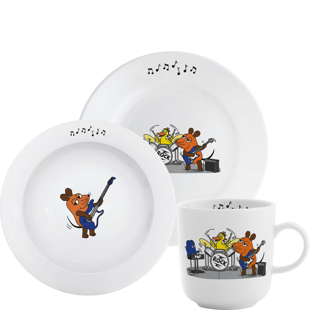 KAHLA DieMaus Kinderset 3tlg. Rockband | Kinder Geschirrset im Sendung mit der Maus Design Rockband