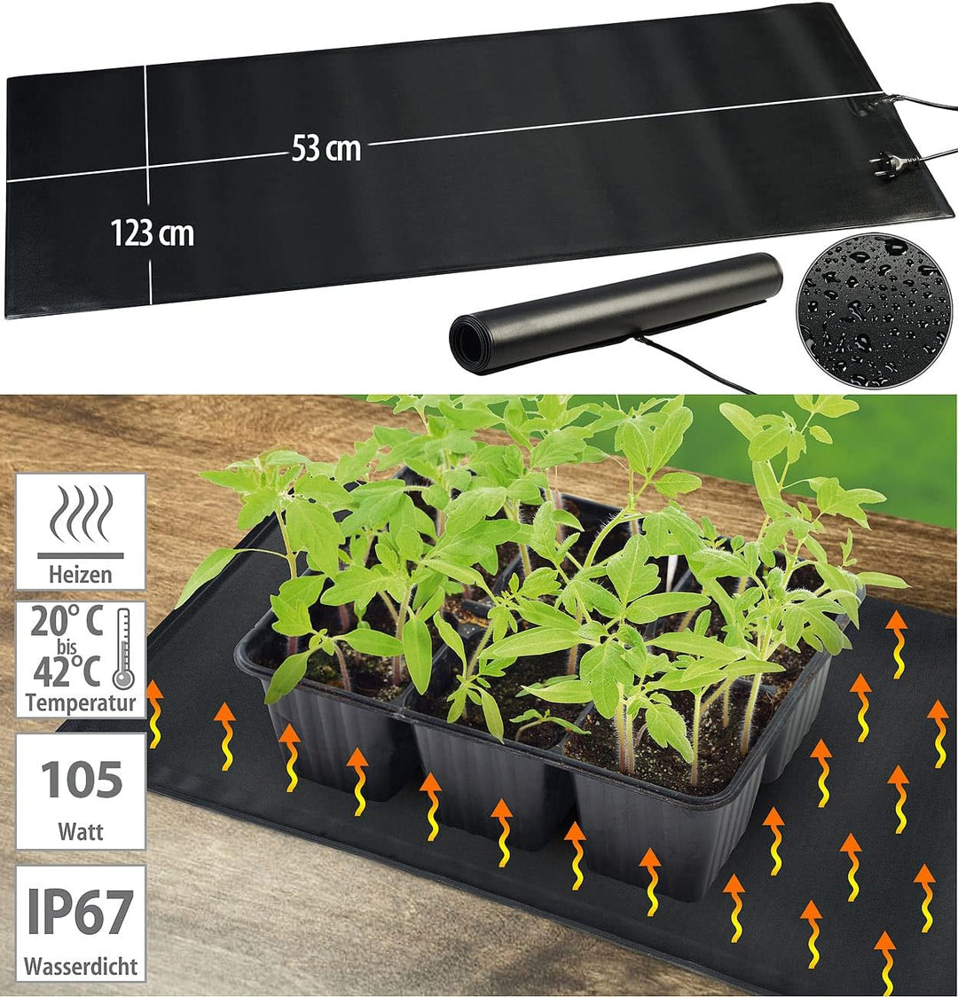 Royal Gardineer Heizmatte Pflanzen: Heizmatte für Pflanzenanzucht und Terrarien, Grösse L, IP67, 105