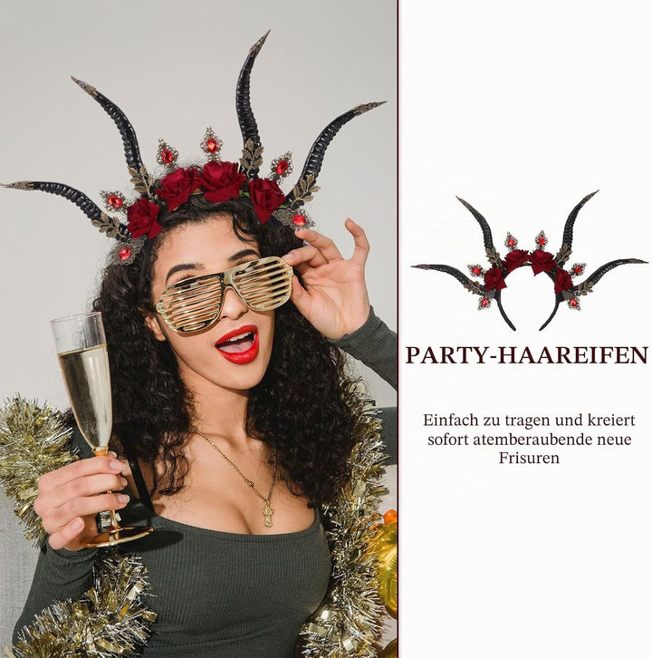 Beavorty Halloween Horn Stirnband Rosen Girlande Gothic Haarband Gothic Dämon Kristall Kopfschmuck W