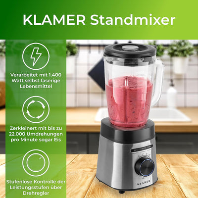 KLAMER Standmixer, 1,75 L Glasbehälter, Elektrischer Mixer mit 1400 Watt, Smoothie Maker mit 22.000