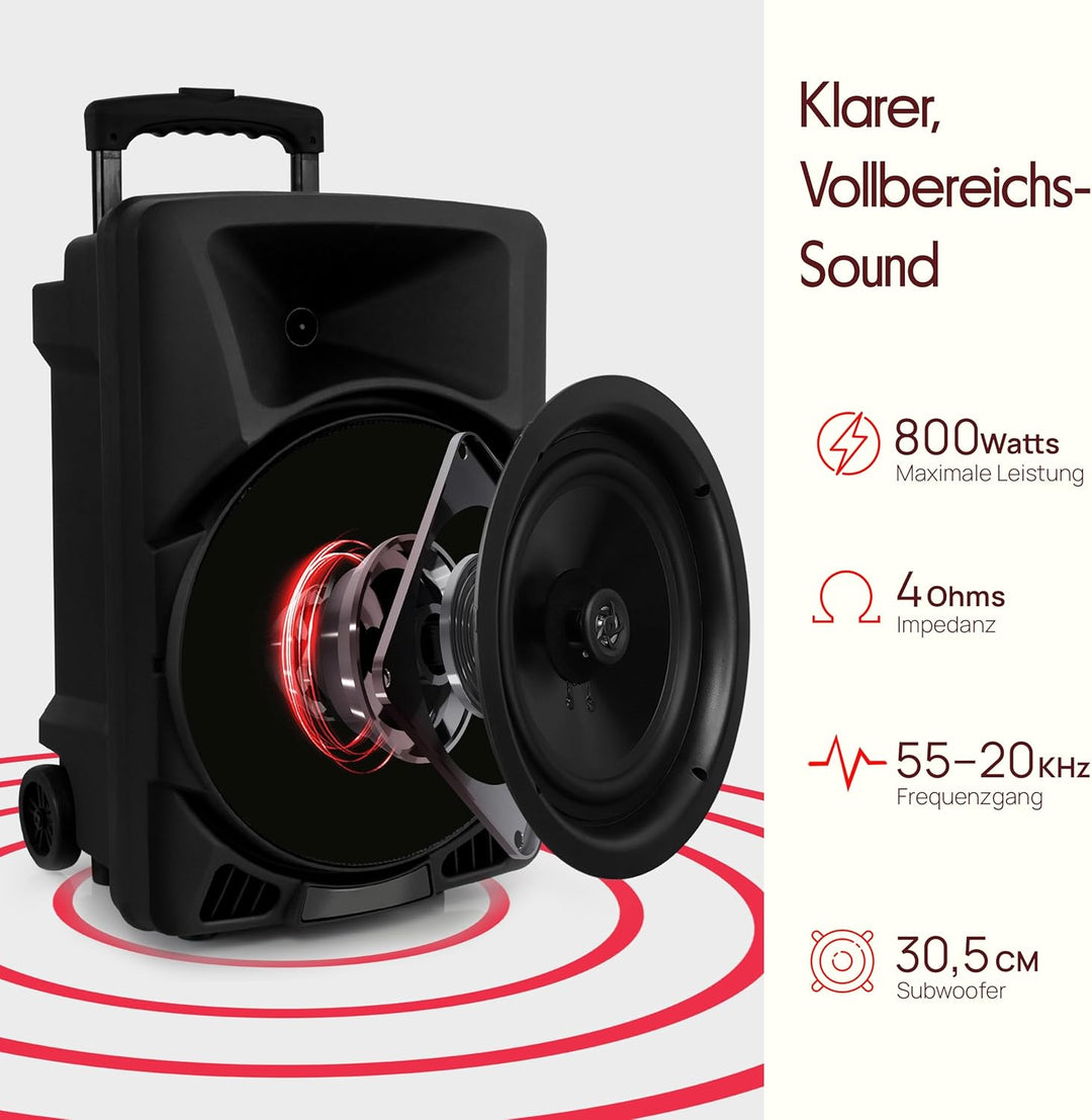 Pyle Musikbox Bluetooth Gross, 800W Party Lautsprecher mit DJ- Lichtern, Teleskopgriff & Rollen, FM,