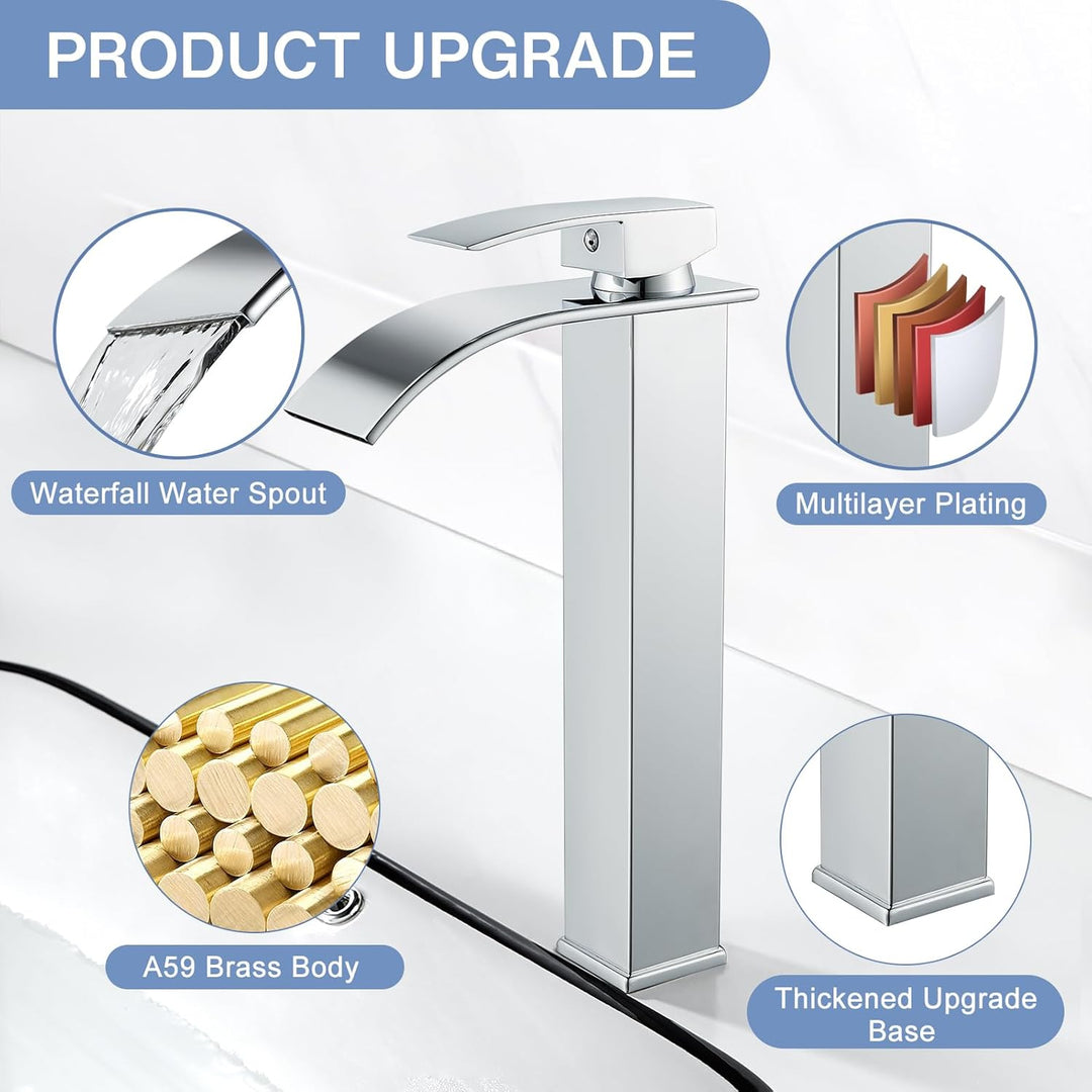 kisimixer Modern Wasserfall Wasserhahn Bad Hoch, Waschtischarmatur Hoch Wasserfall Aufsatzwaschbecke