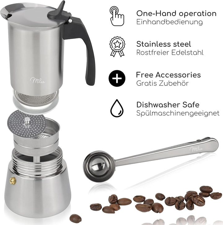 Milu Espressokocher Induktion geeignet | 2, 4, 6, 9 Tassen | Edelstahl Mokkakanne, Espressokanne, Es