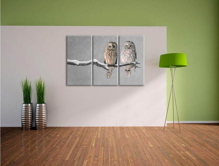 Pixxprint Zwei Eulen in Winterlandschaft als Leinwandbild | Grösse: 3 Teilig (120x80) | Wandbild| Ku