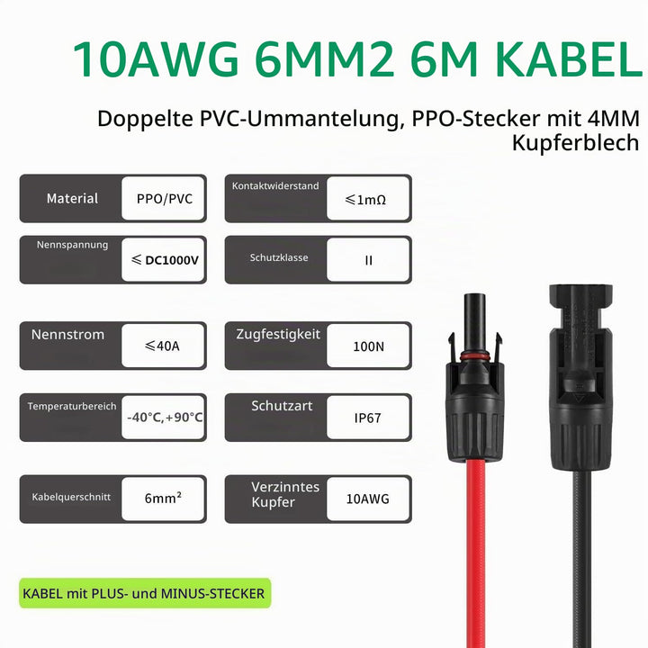 GENORTH Solarkabel 6mm², Solarkabel Verlängerung 1/2/3/6/8m, Solarkabel Verlängerungskabel Photovolt