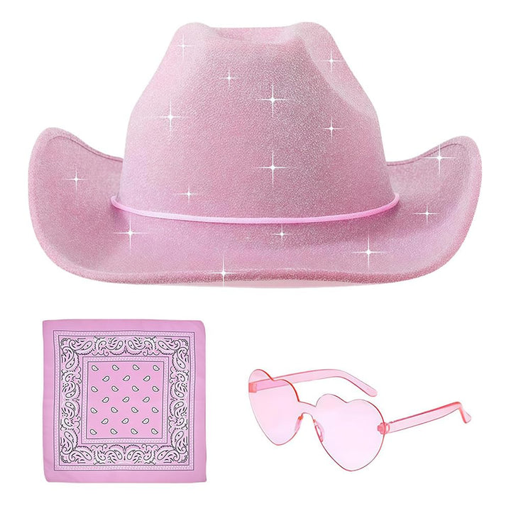 Cowboy Hut Damen Set, 3pcs Rosa Cowdruck Cowboy Hut, Pinker Cowboy Damen Verstellbar, Geeignet für M