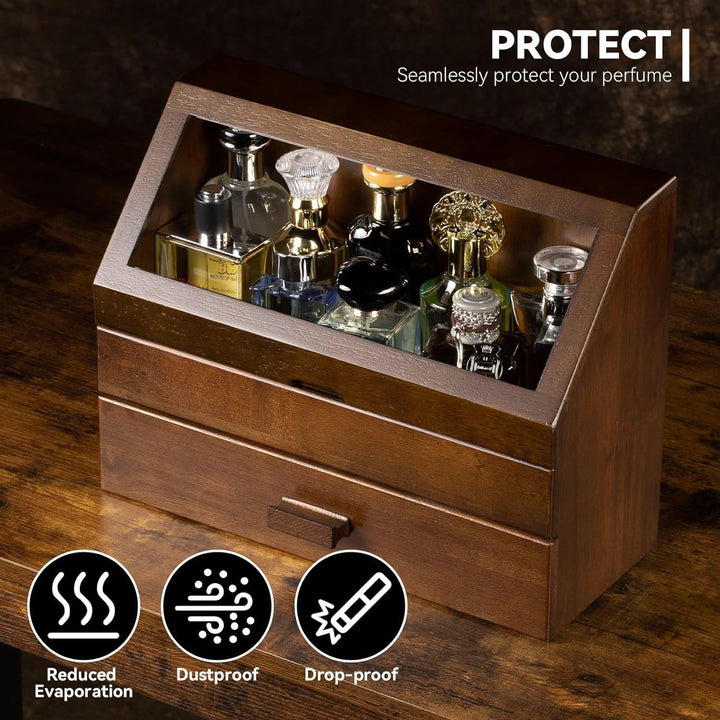 Parfüm Organizer aus Holz - Premium Aufbewahrungsbox mit Schublade für Düfte, Kosmetik & Schmuck - D