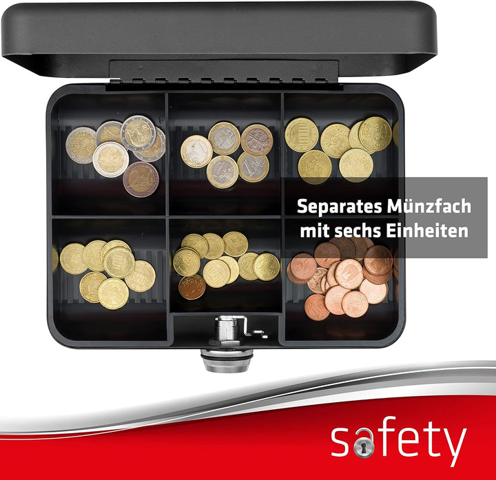 SAX Geldkassette mit Zahlenschloss, extra Starkes Schloss, 25 x 18 x 9cm, Large, Schwarz Safety Cash