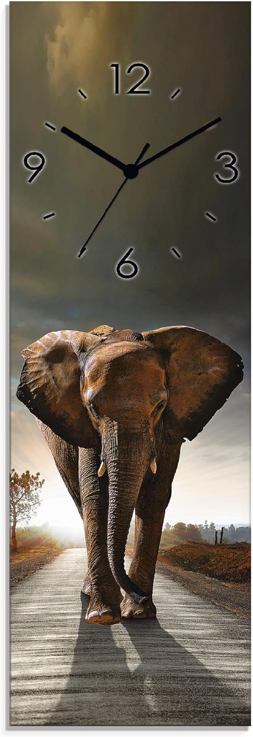 ARTLAND Wanduhr ohne Tickgeräusche Glas Quarzuhr 20x60 cm Rechteckig Lautlos Afrika Tiere Elefant Sa