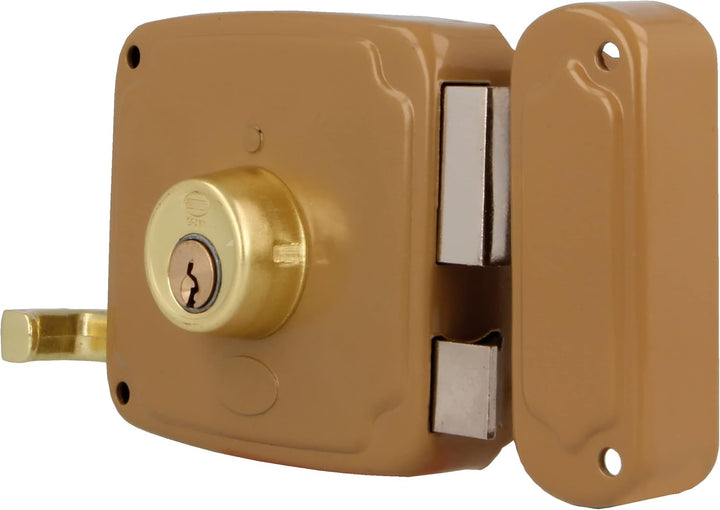 Amig - Aufschraubschloss DIN rechts mit Schliesshebel, Falle und Ziehgriff - Stahl goldfarben - 85 x