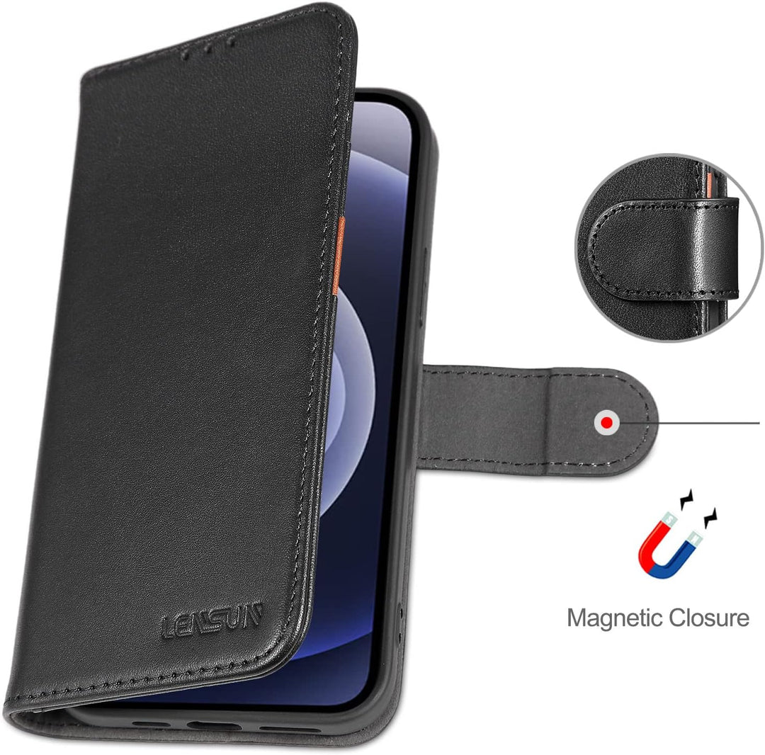 LENSUN Echtleder Hülle für iPhone 12, iPhone 12 Pro Handyhülle [Echtes Leder][Magnetverschluss][RFID