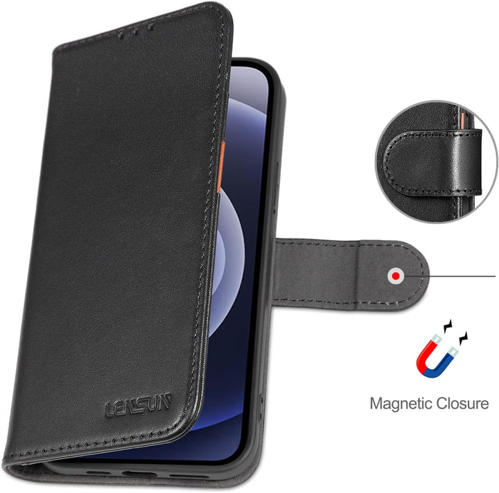LENSUN Echtleder Hülle für iPhone 12, iPhone 12 Pro Handyhülle [Echtes Leder][Magnetverschluss][RFID