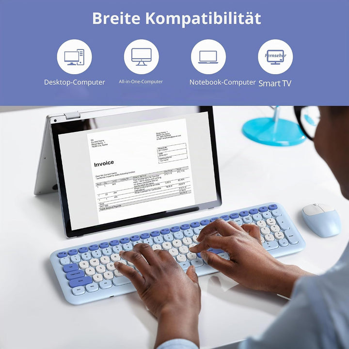 Tastatur und Maus Kabellos, Retro Bunt Tastatur Funktastatur mit Stille Mouse Amerikanisch QWERTY, C