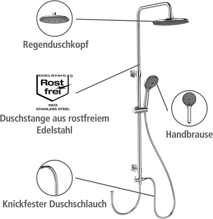 WENKO Duschsystem Watersaving, Duschstange aus Edelstahl mit wassersparendem Regenduschkopf und Hand