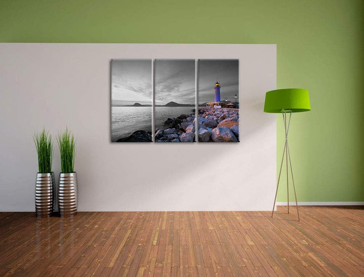Romantischer Leuchtturm bei Ebbe schwarz/weiss 3-Teiler Leinwandbild 120x80 Bild auf Leinwand, XXL r