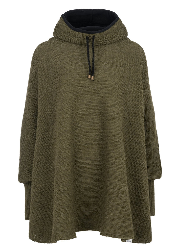 kidka Damen Mädchen Strick-Poncho Umhang Cape mit Kragen - moosgrün Einheitsgrösse Grosse Grössen Mo