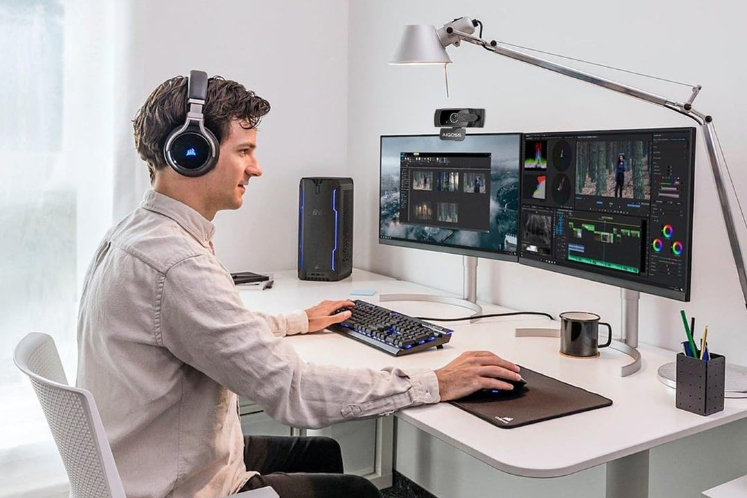 Webcam 1080P mit Mikrofon und Webcam Abdeckung, Stativ, Plug & Play, mit automatischer Lichtkorrektu