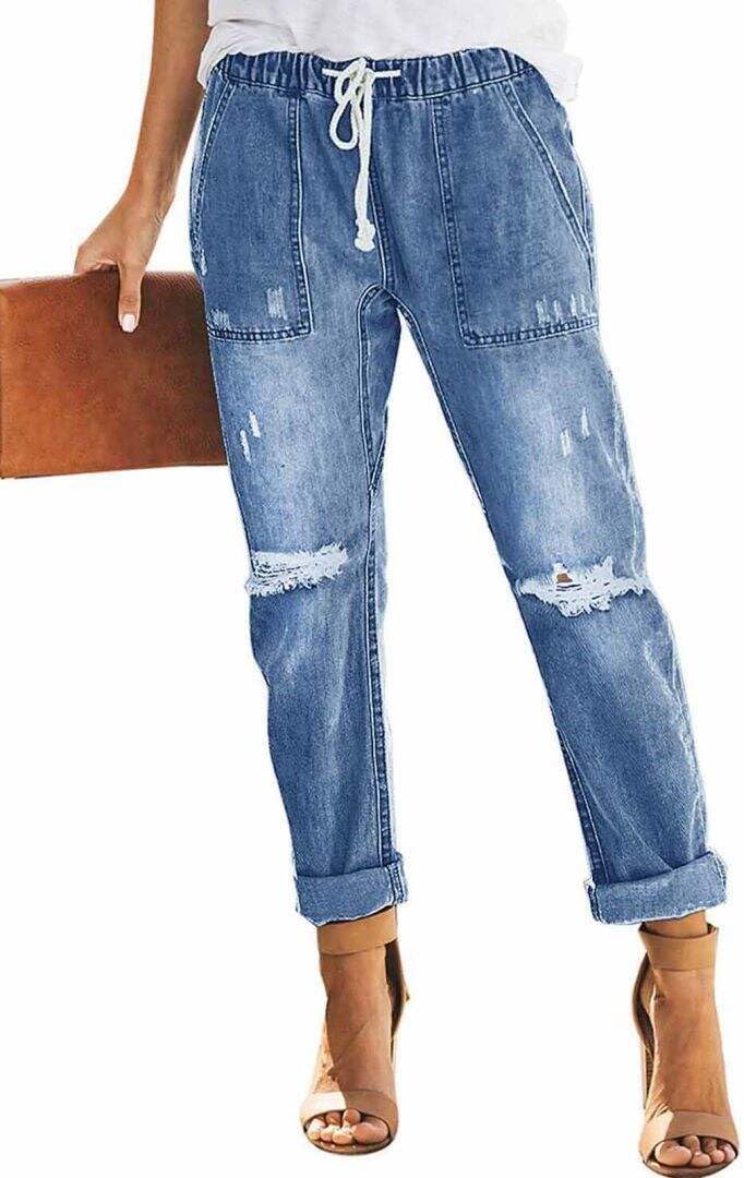 Alaster Queen Jeans Damen Lässig High Waist Jeans Baggy Jeans Damen Knie Zerrissen Jeans 209-blau S,