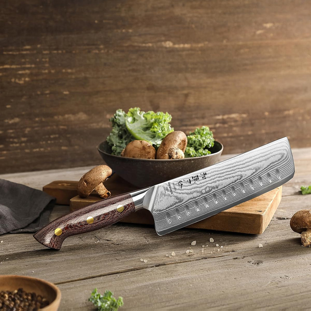 HEZHEN Damast Nakiri Messer mit Holzmesserscheide, Japanischer Stil Hackbeil Messer, Hartstahl Mehrz