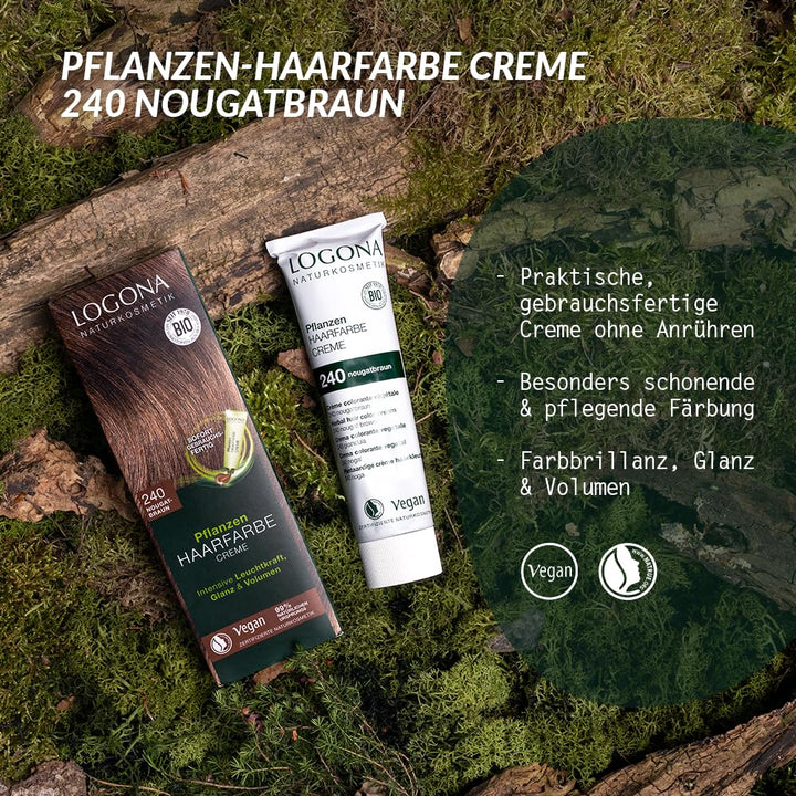 LOGONA Naturkosmetik Pflanzen-Haarfarbe Creme 240 Nougatbraun, Braune Natur-Haarfarbe mit Henna, Bra