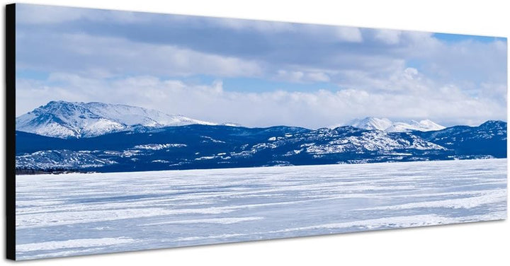 Paul Sinus Art Panoramabild auf Leinwand und Keilrahmen 150x50cm Kanada Berge See Eisschicht Schnee