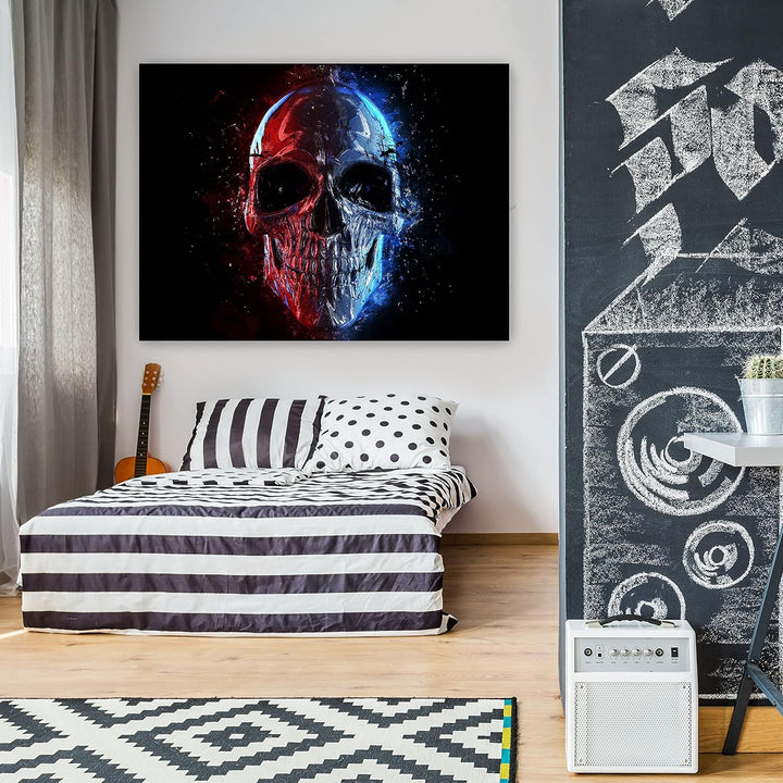 wandmotiv24 Totenkopf Wandbild aus Acrylglas, Grösse 100x75cm, Querformat, silberner Schädel, Rot &