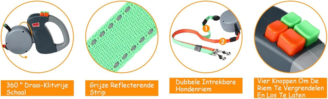 3 Meter Einziehbare Hundeleine, Doppelte Hundeleine für 2 Hunde, Ausziehbare Leine, Reflektierendes