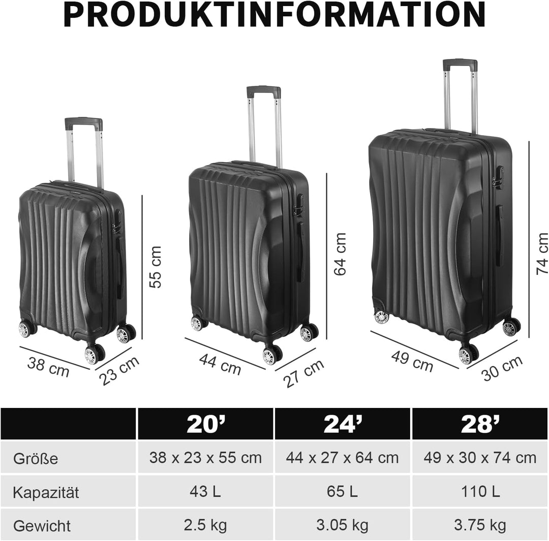 Hartschalenkoffer Set 3 Teilig, Kratzresistente Premium Hartschale, 55 64 74 cm, 360-Grad-Doppelroll