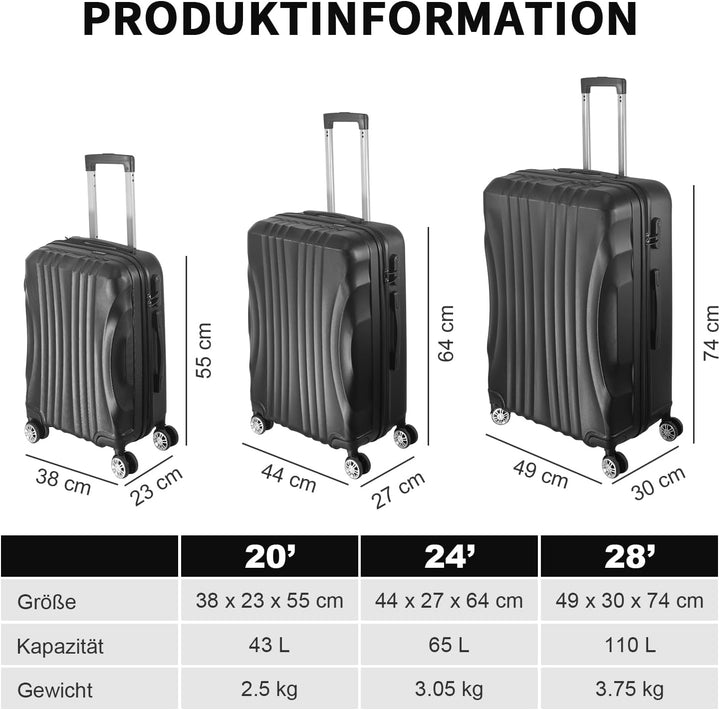 Hartschalenkoffer Set 3 Teilig, Kratzresistente Premium Hartschale, 55 64 74 cm, 360-Grad-Doppelroll