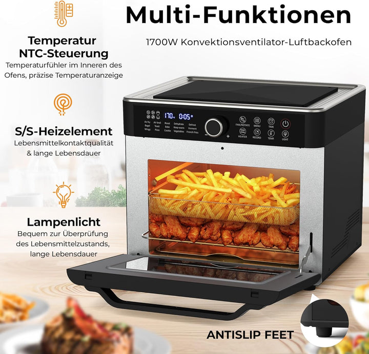 Balter Heissluftfritteuse XXL 22L Airfryer, 200 Programme, 40°-230°, Dörrautomat, 16 in 1 heissluftf