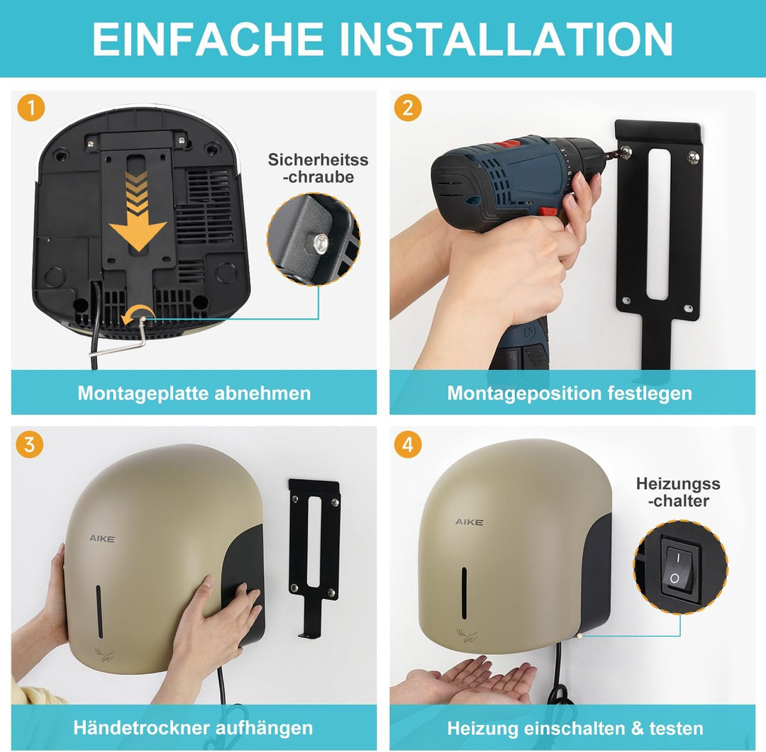 AIKE GentleAir Warmluft Handtrockner, Leise für Zuhause & Bäder, AC220V-240V, Düne Gelb, Düne Gelb