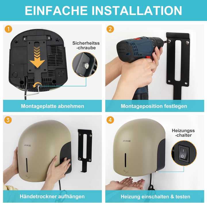 AIKE GentleAir Warmluft Handtrockner, Leise für Zuhause & Bäder, AC220V-240V, Düne Gelb, Düne Gelb