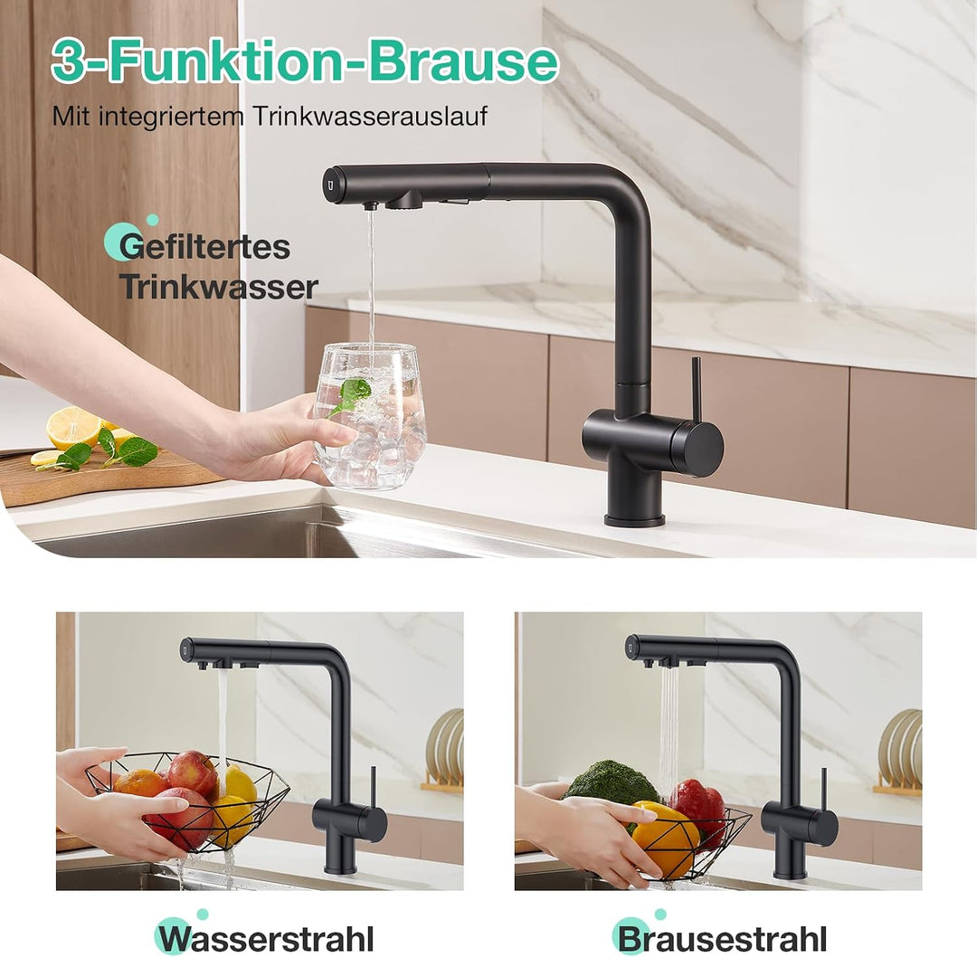 Faustina 3 Wege Küchenarmatur mit Brause ausziehbar, Einhebelmischer Armatur Wasserhahn Spültischarm