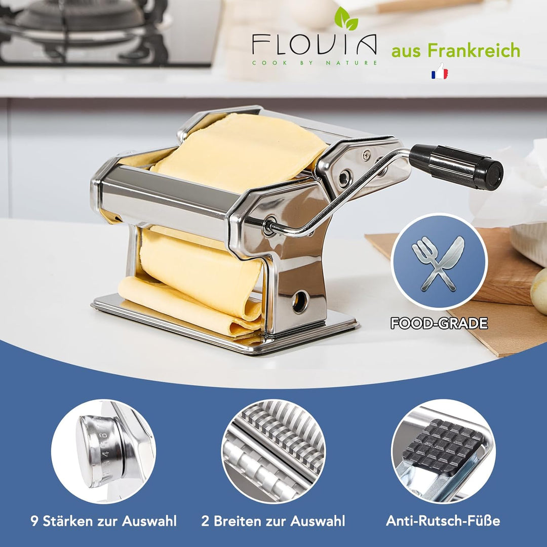 Pastamaschine aus Edelstahl, manuelle Nudelmaschine mit 9 Teigstärken & 2 Schnittbreiten für Spaghet