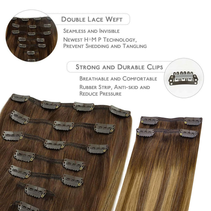 WENNALIFE Clip In Extensions Echthaar, 150g 45cm 9pcs Balayage Schokoladenbraun bis Karamellblond Cl