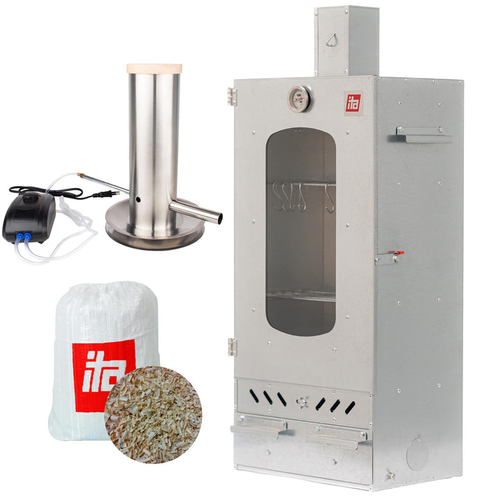 ITA Räucherofen 7012 - Smoker Set mit Rauchgenerator & Räucherspänen - Räucherschrank mit 3 Etagen -