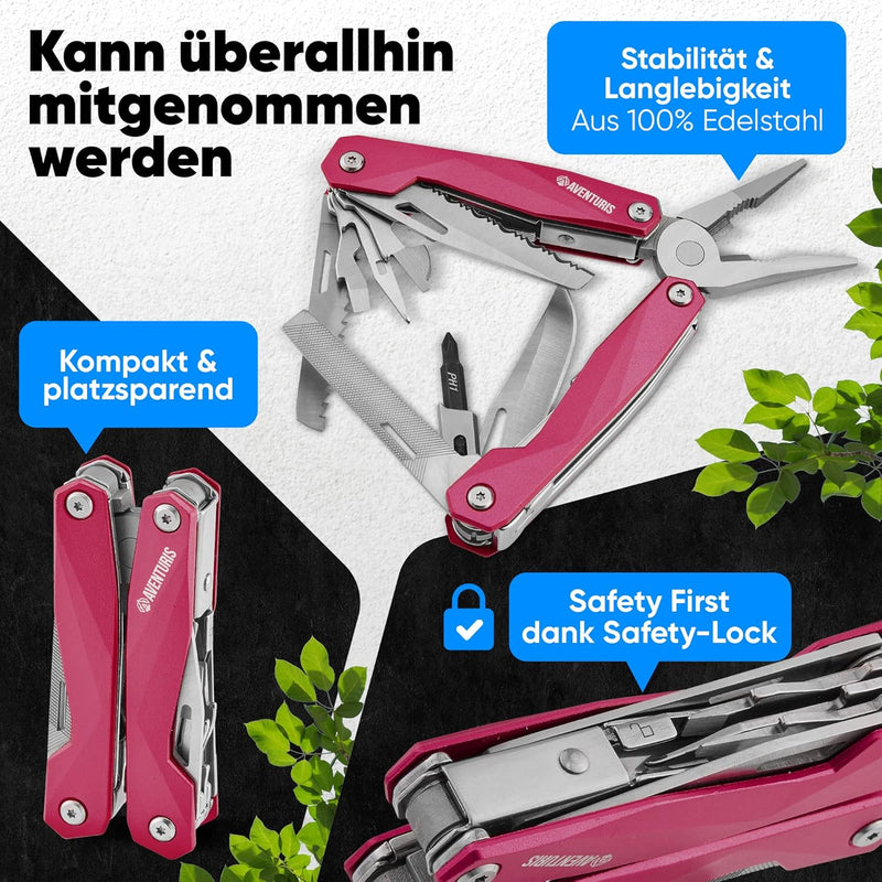 AVENTURIS® Pinkes-Multitool-Werkzeug aus Edelstahl mit 21 Funktionen, Geschenke für Frauen, Multifun