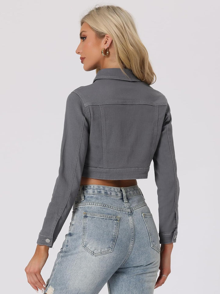 Allegra K Damen Jeansjacke Langarm Umlegekragen Knopfleiste Crop Denim Jacke M Grau, M Grau