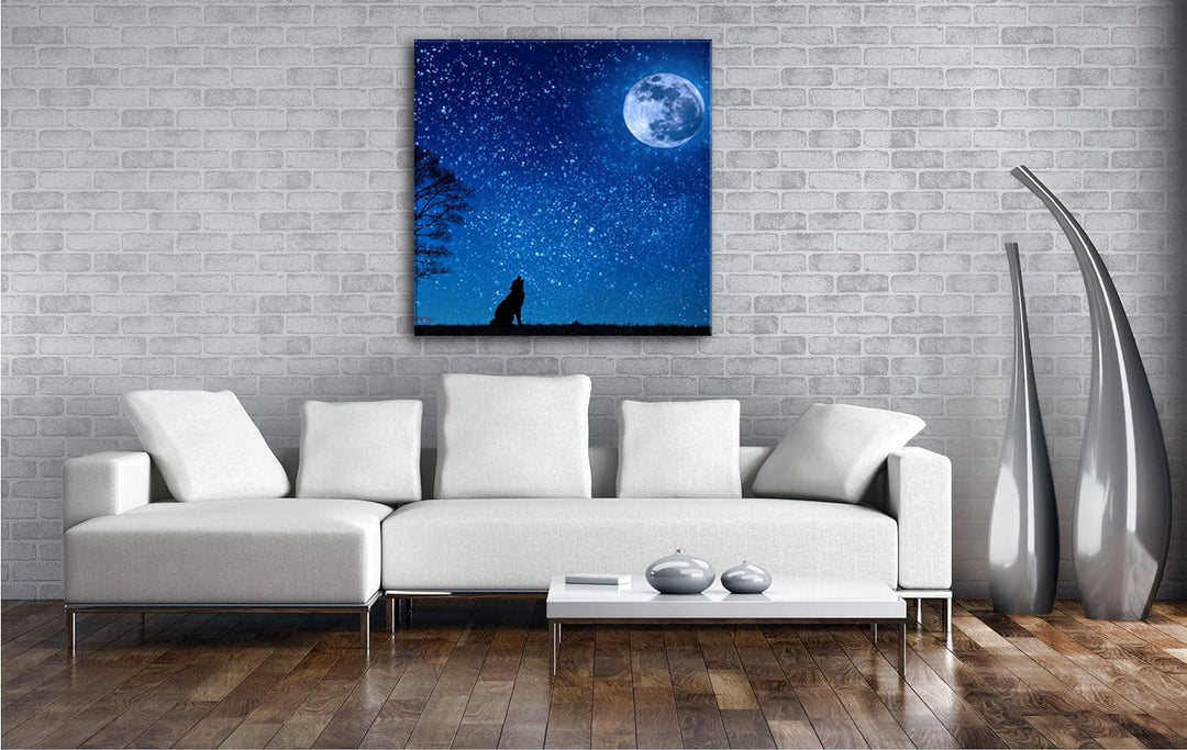einsamer Wolf jault den Mond an Format: 70x70 als Leinwand, Motiv fertig gerahmt auf Echtholzrahmen,