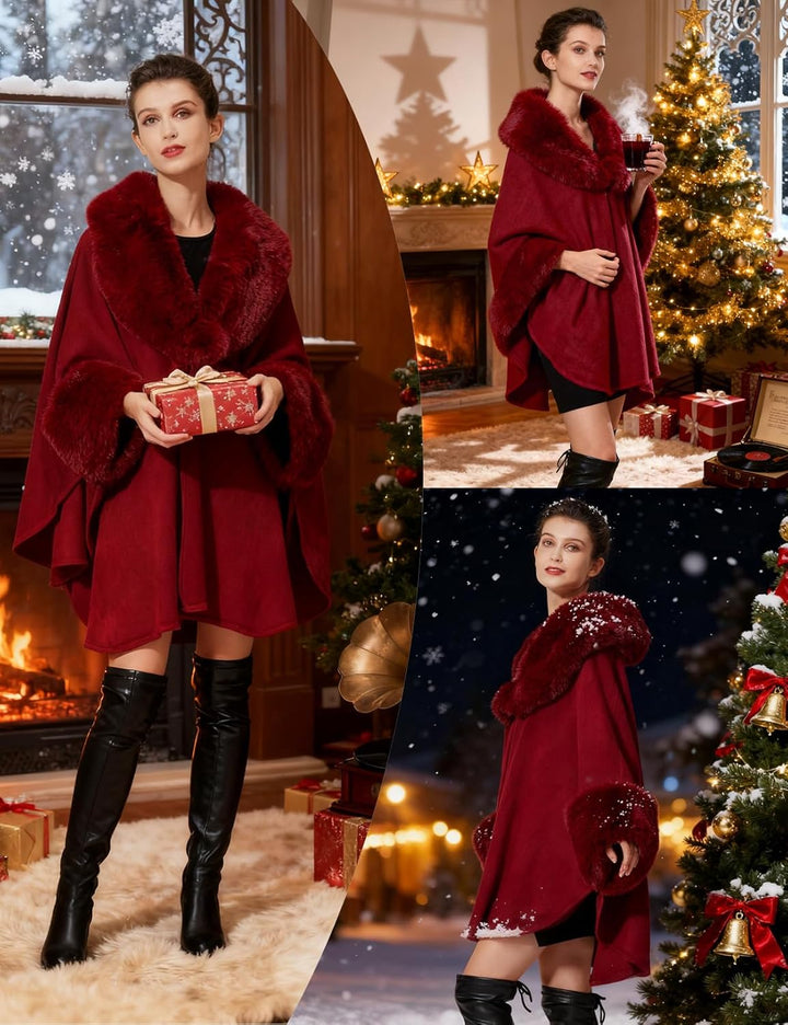 BEAUTELICATE Kunstpelz Poncho Stola Damen Umhang Cape Herbst Strickjacke Winter Mantel Mit Kunstfell