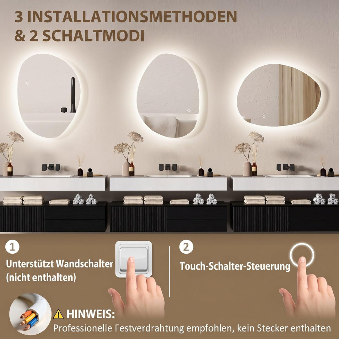 HOMCOM Badspiegel mit Beleuchtung 70 x 50 cm LED Badezimmerspiegel Dimmbar mit 3 Lichtfarben Touch-S