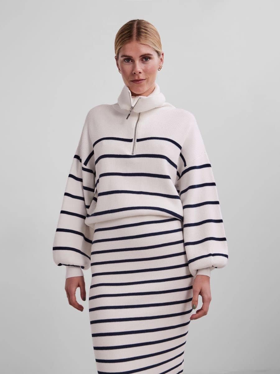 YAS Damen Yasdeli Ls Zip Knit S. Noos Pullover M Star White/Stripes:navy Blazer, M Star White/Stripe