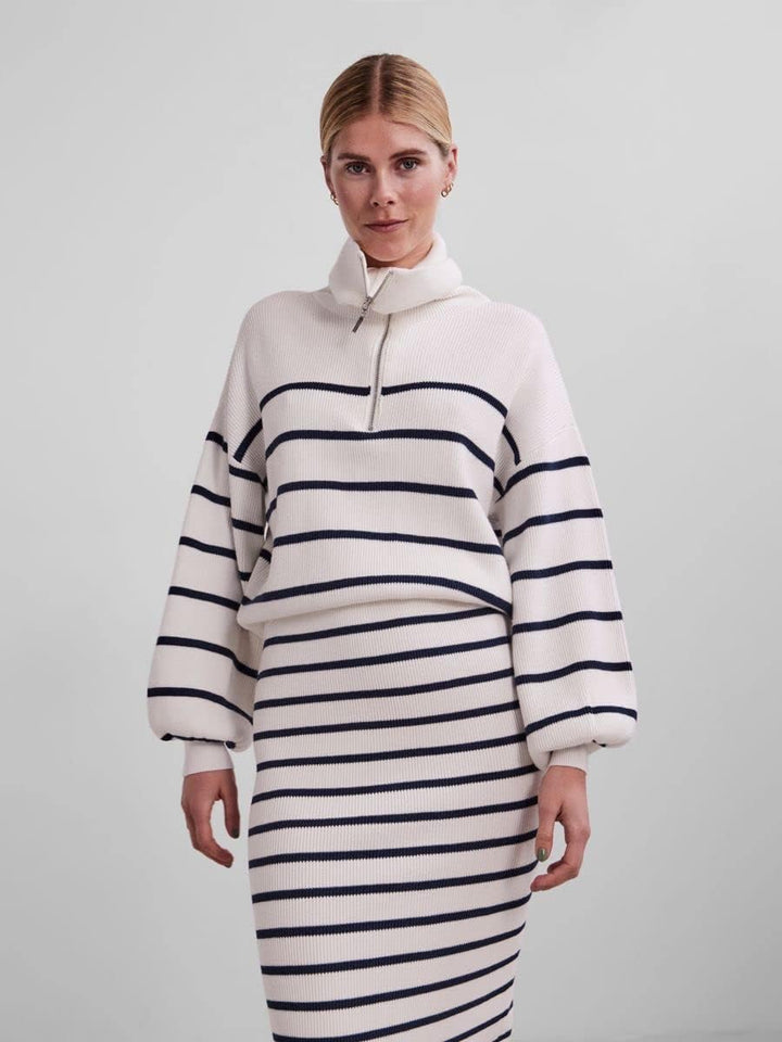 YAS Damen Yasdeli Ls Zip Knit S. Noos Pullover M Star White/Stripes:navy Blazer, M Star White/Stripe