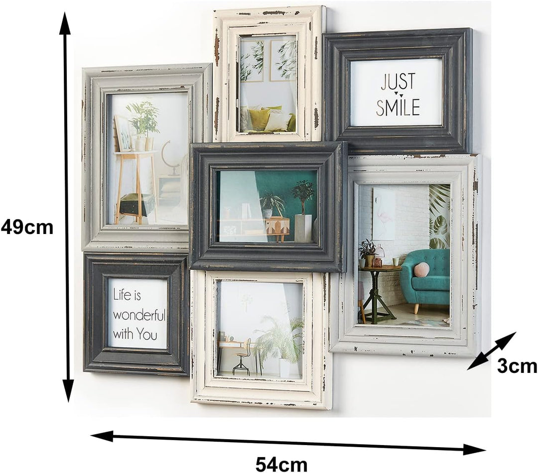 Kobolo Bilderrahmen-Collage - Holz - Nostalgie - grau Creme - für 7 Bilder braun, braun