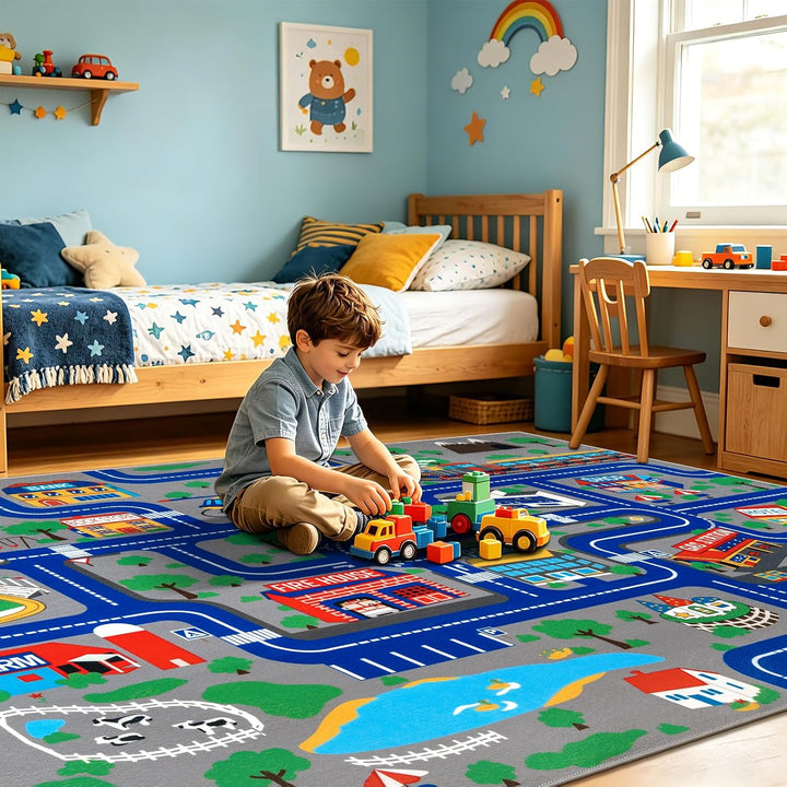 Capslpad Kinder Teppich Spielteppich für Kinder Stadt 150x200cm rutschfest Kinderteppich Spielmatte